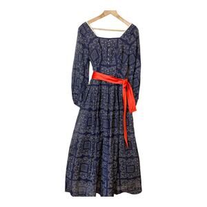 Vintage Dress Navy Blue White Print Maxi Long Prairie Regency